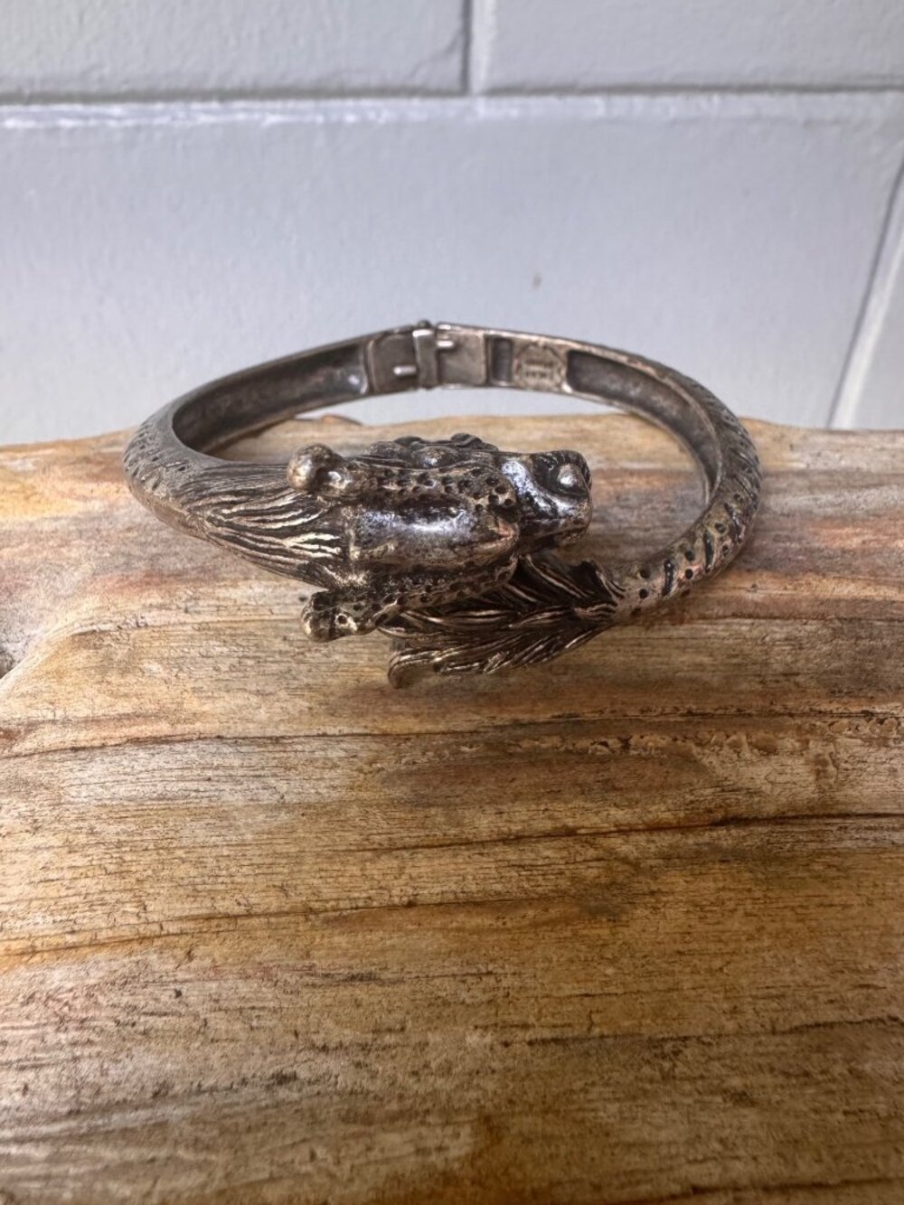 Lucky Brand Dragon Bangle Bracelet Silver Tone Hinged Mythical Boho Statement